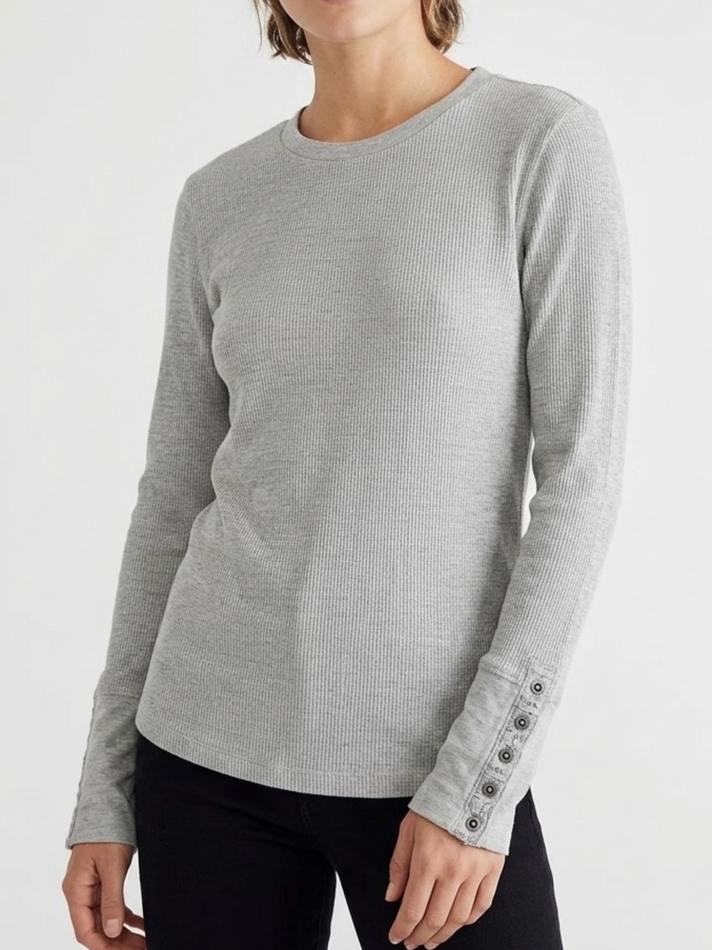Sundance Grey Waffle Knit Thermal Velvet Cuff Top M Boho Elevated Basics